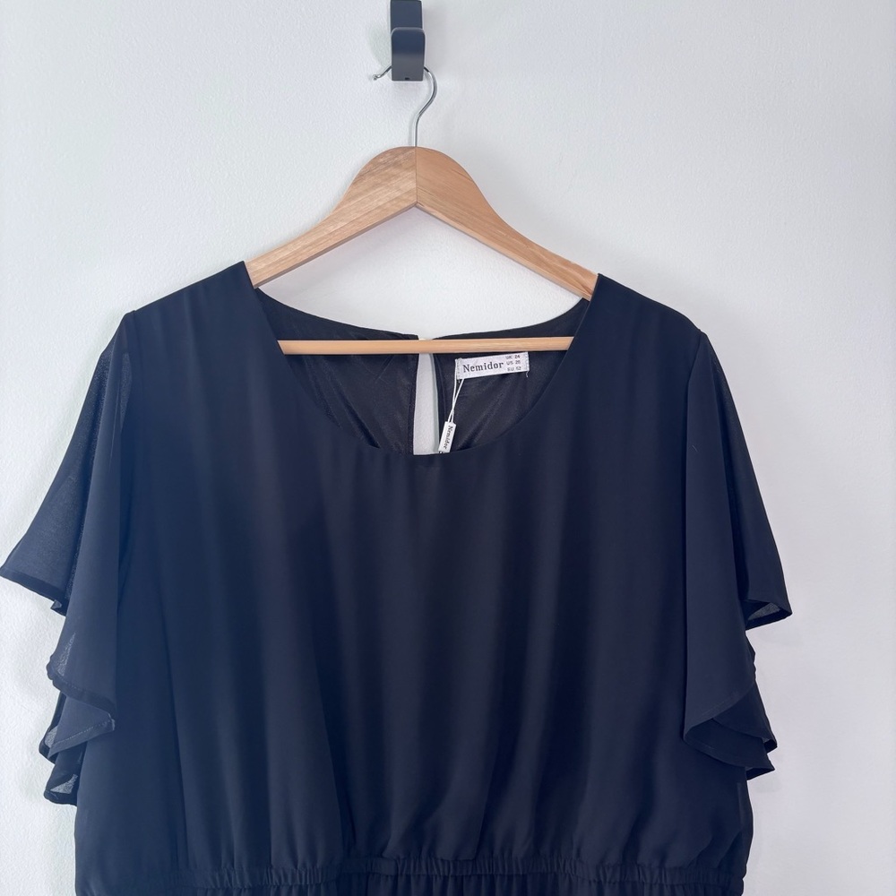 Amazon Black Flutter Sleeve Chiffon A-Line Knee Length Dress Plus Size 20 New - Picture 3 of 10
